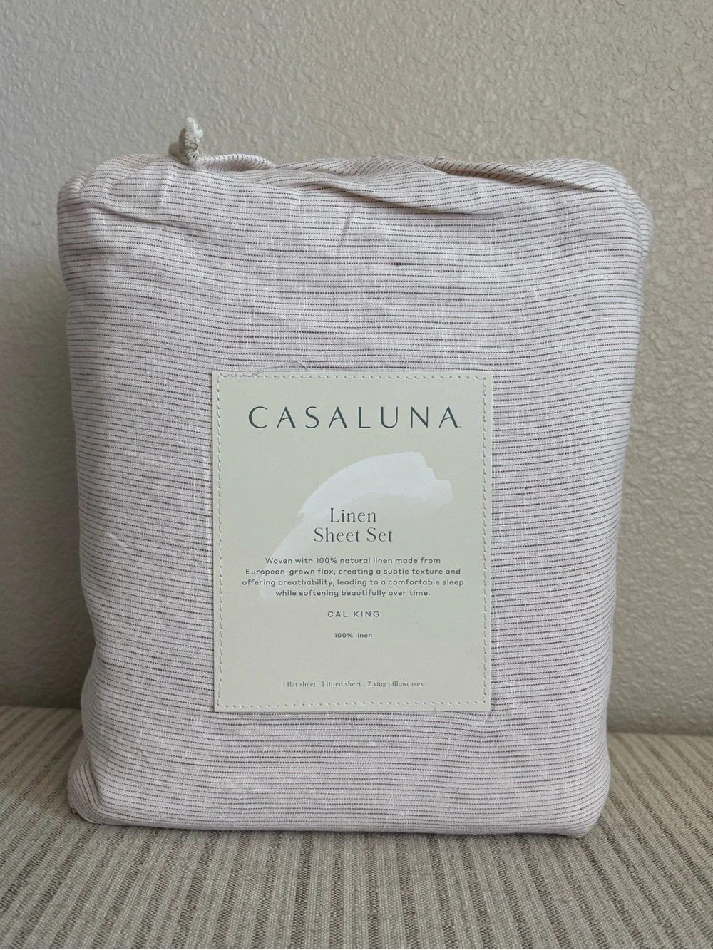 NWT California King 100% Linen Sheet Set Adobe Clay Micro Stripe - Casaluna